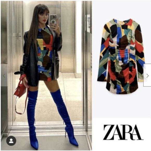 ZARA Abstract Colourful Ruched bodycon Mini Dress long sleeve Bloggers Fave 80s - Picture 11 of 12